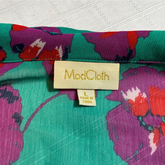 Modcloth Vibrant L Floral Blouse Teal, Purple, Red Peter Pan Collar Cottagecore - Picture 7 of 11